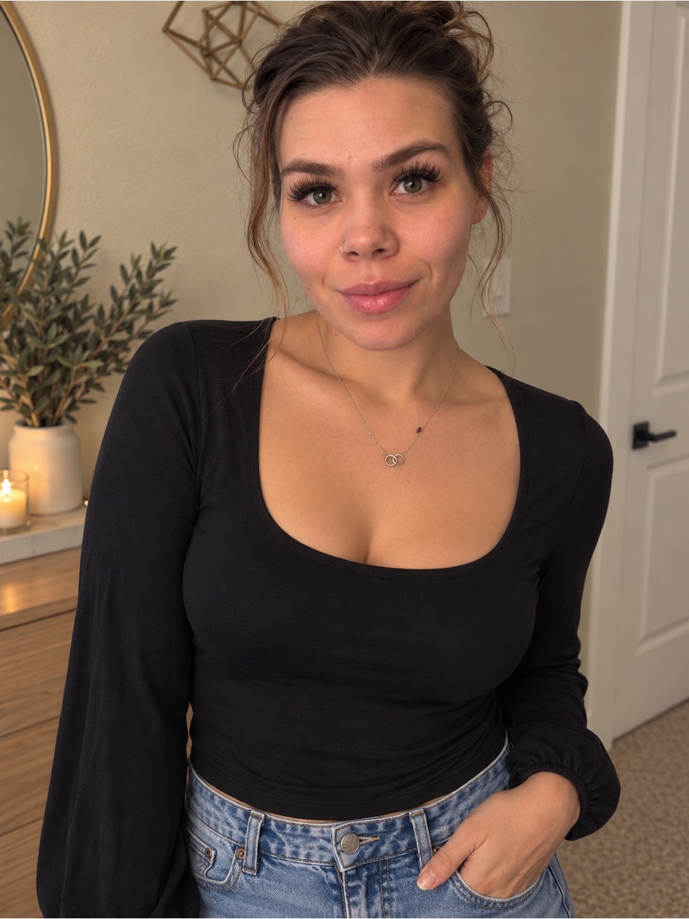 Commense Black Scoop-Neck Long Sleeve Top